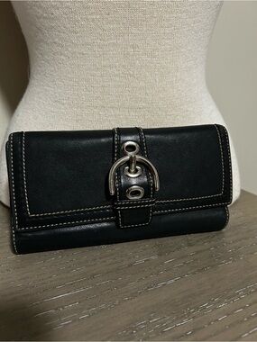 Coach Soho Black Leather Vintage Buckle Slim Envelope Flap Wallet, Y2K